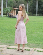 VESTIDO LAÇO NA CINTURA E LASTEX NAS COSTAS - Rosa