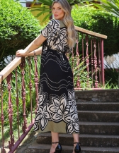VESTIDO ESTAMPADO LONGO BARRADO - Preto
