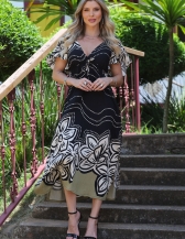 VESTIDO ESTAMPADO LONGO BARRADO - Cinza