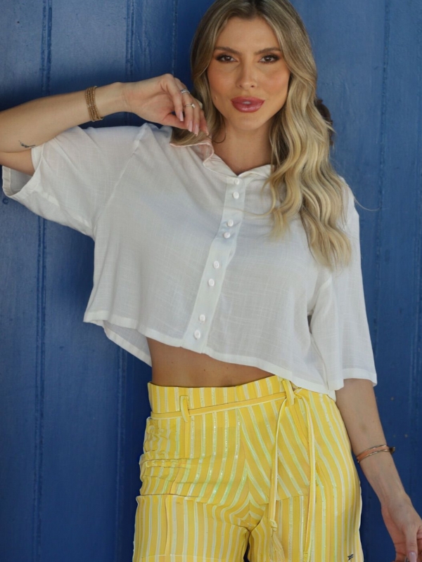 CONJUNTO SHORT LISTRADO E BLUSA LISA - Amarelo