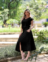 CONJUNTO DE SAIA COM BOLSOS E BLUSA COM BOTÕES NO OMBRO - Preto