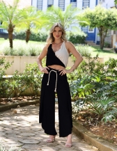 CONJUNTO DE CALÇA ELASTICO E BLUSA TRANSPASSADA BICOLOR - Preto