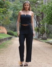 CALÇA CINTO COM FIVELA E NERVURA NAS PERNAS - Preto