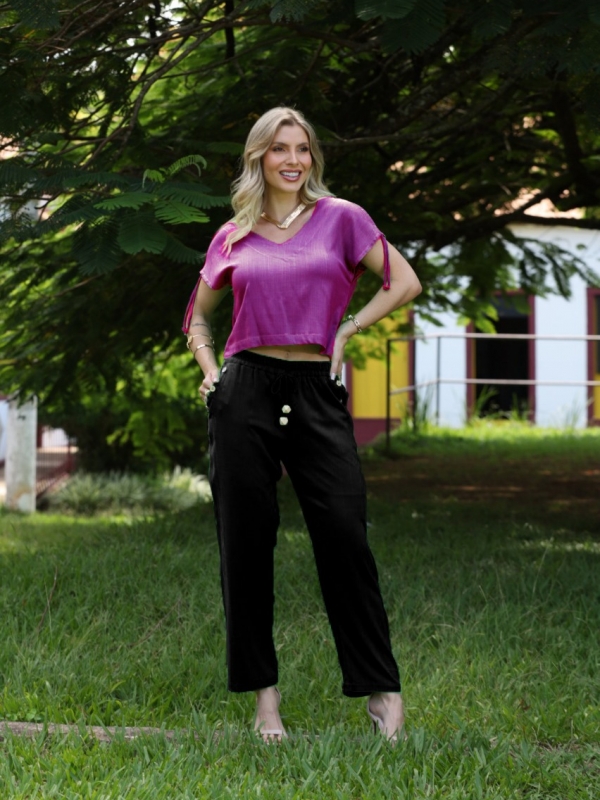 BLUSA DECOTE EM V VIES REPUXADO NAS MANGAS - Fucsia