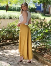 CONJUNTO DE CALÇA ELASTICO E BLUSA TRANSPASSADA BICOLOR - Mostarda